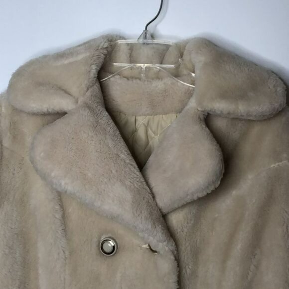 Vintage Sears Fashion Womens Teddy Coat Plush Double Breasted Cream L LARGE - Picture 2 of 7